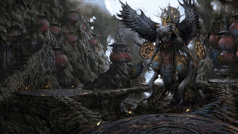 Dark angel in a ruined temple