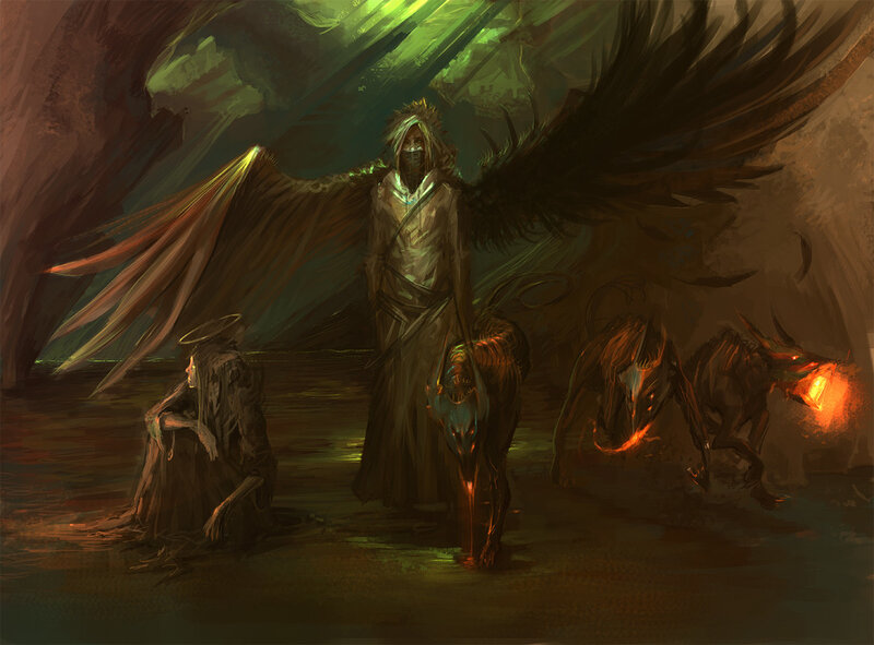 Dark angel with demonic creatures
