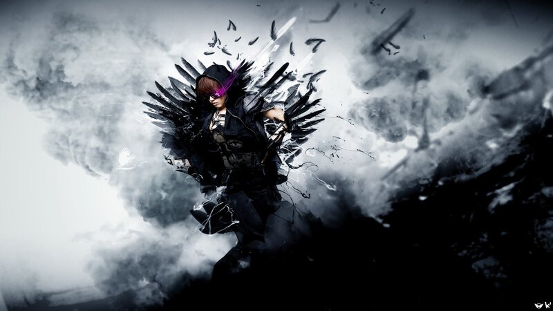 dark angel with feather wings