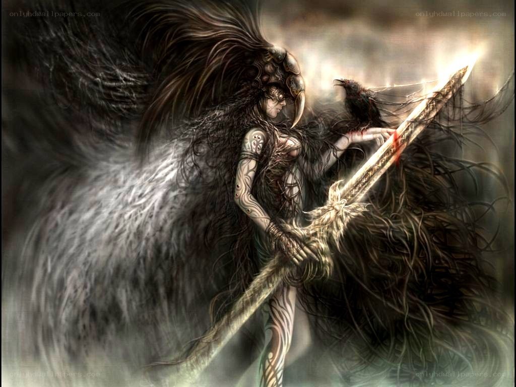 Dark angel with sword and crow