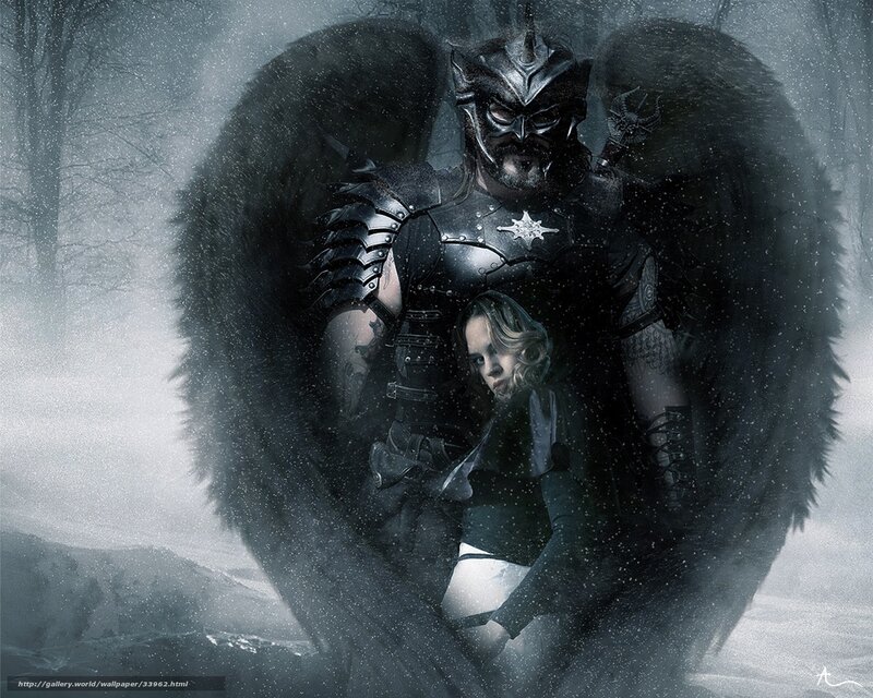 Dark angel with woman in snow