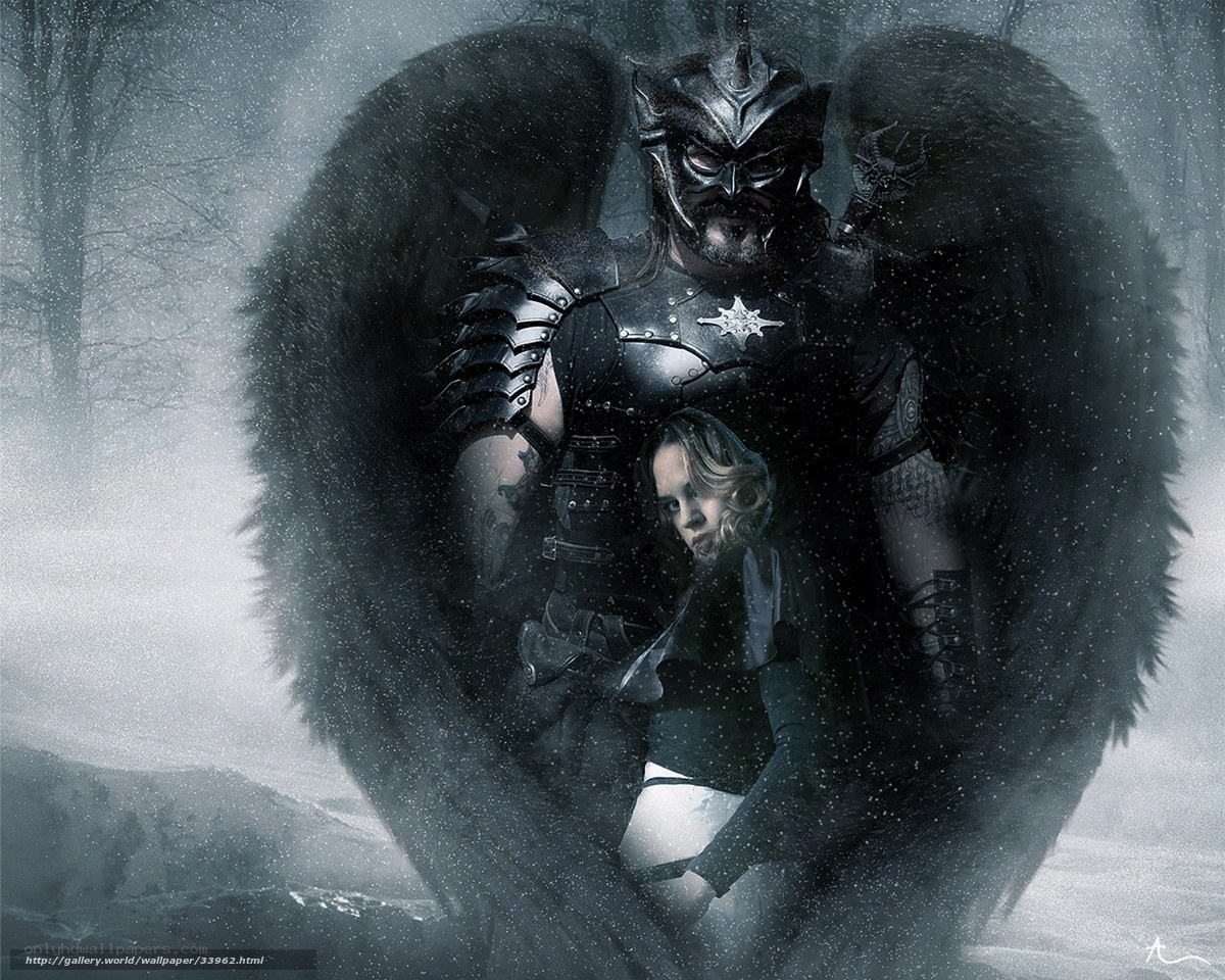 Dark angel with woman in snow