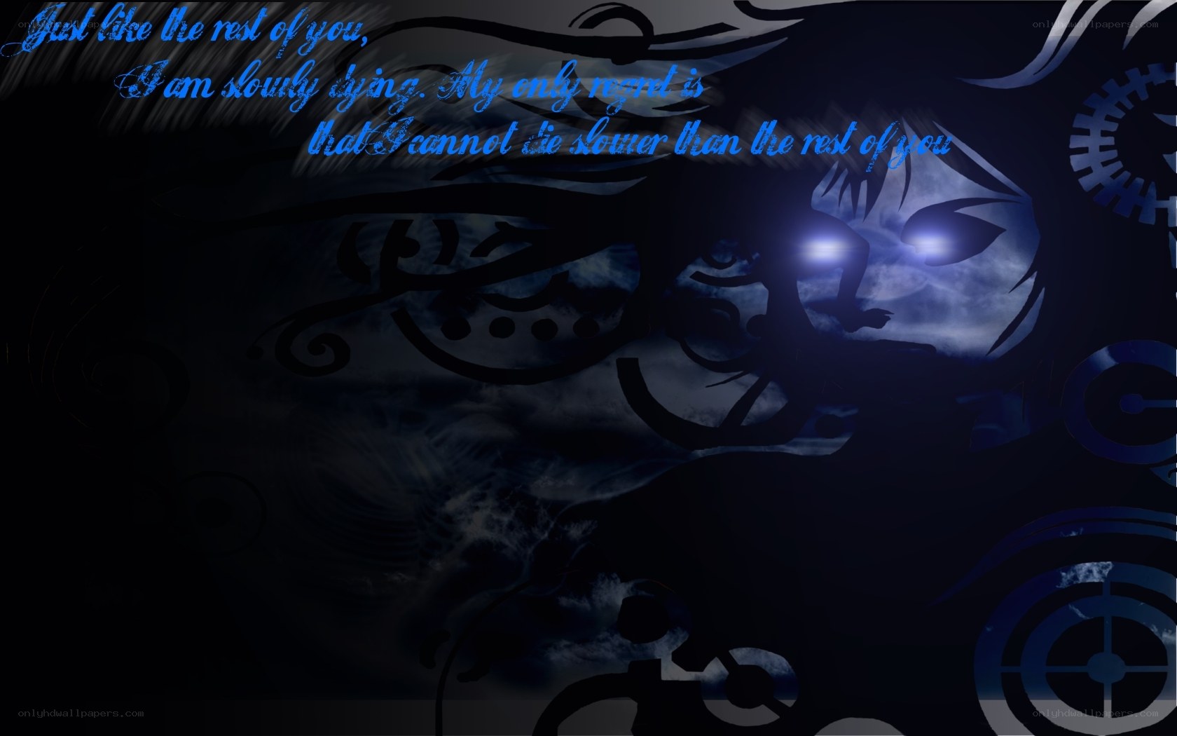 dark anime character with quote