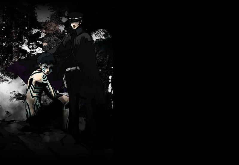 dark anime scene with two characters