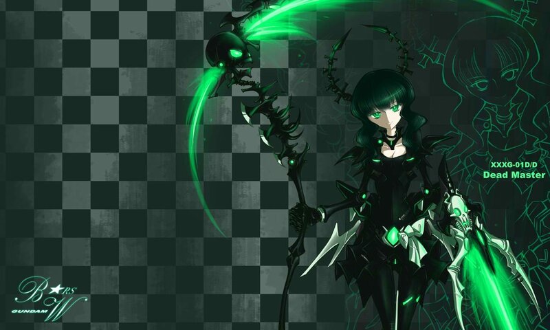 Dark anime warrior with green scythe