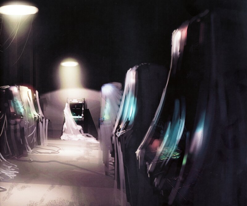 Dark arcade with glowing machines