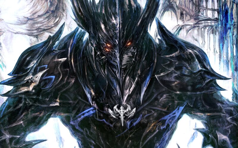 Dark Armored Creature — Black, Dramatic, Digital Art, Glowing Eyes