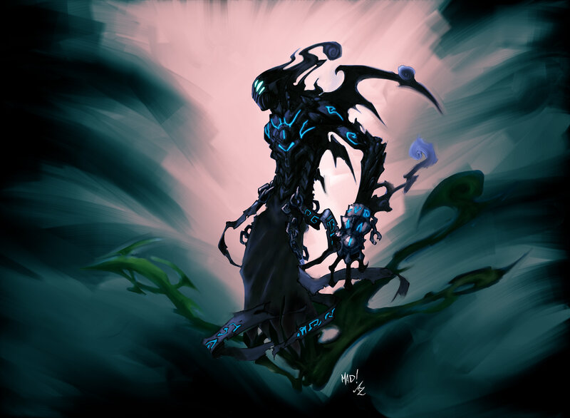 Dark Armored Figure — Black, Dramatic, Digital Art, Glowing Blue Lines