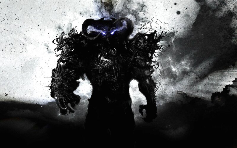 Dark Armored Figure — Black, Dramatic, Digital Art, Glowing Eyes, Smoke, Splatter