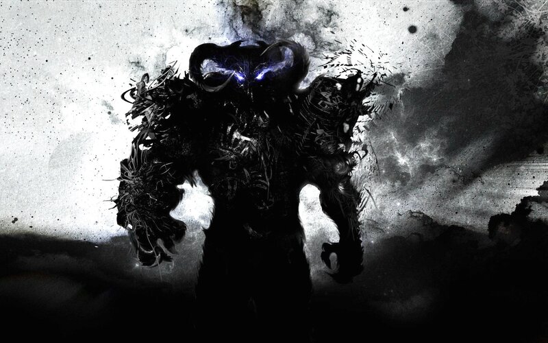 Dark Armored Figure — Black, Dramatic, Digital Art, Glowing Eyes, Smoke, Splatter, White