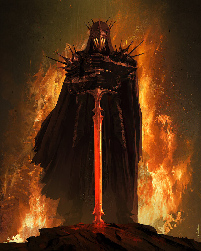 Dark Armored Figure — Black, Dramatic, Digital Art, Sword, Fire