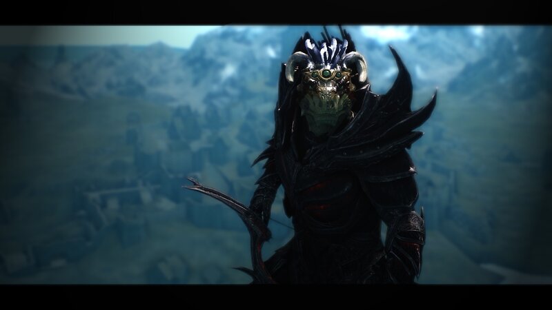 dark armored figure in a fantasy landscape