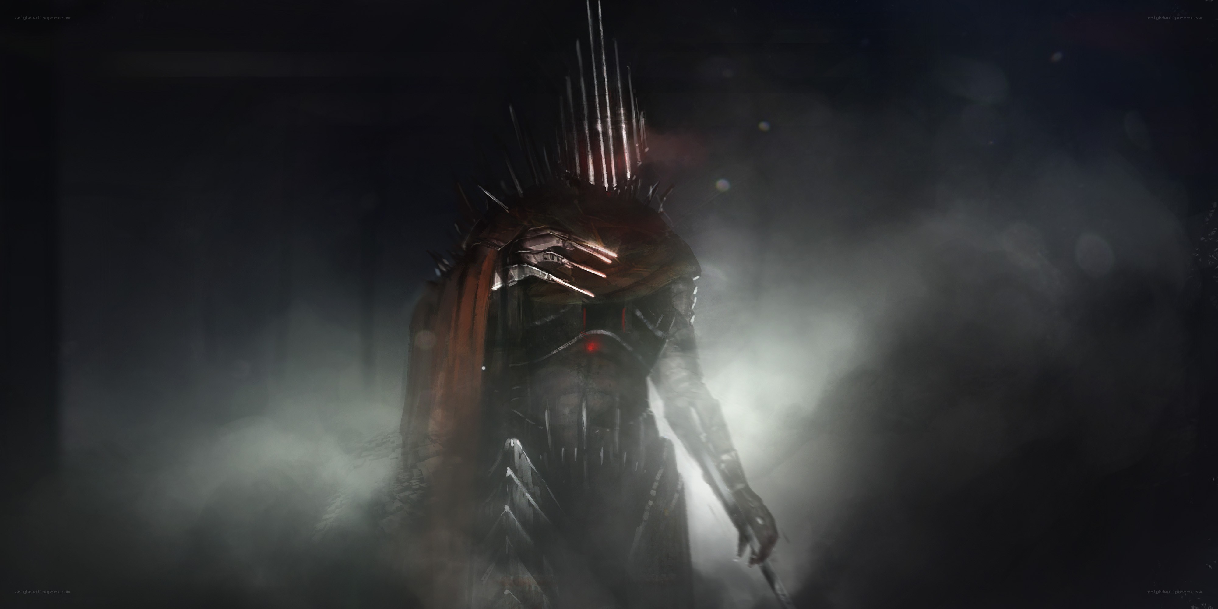 dark armored figure in mist