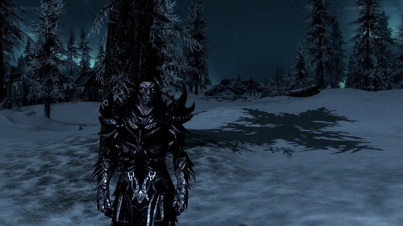 dark armored figure in snowy forest