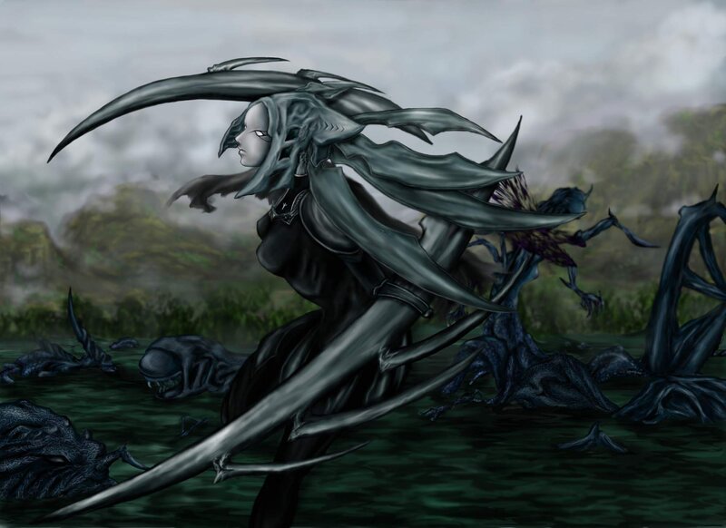 Dark Armored Figure in Water