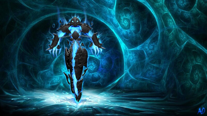 dark armored figure with blue energy