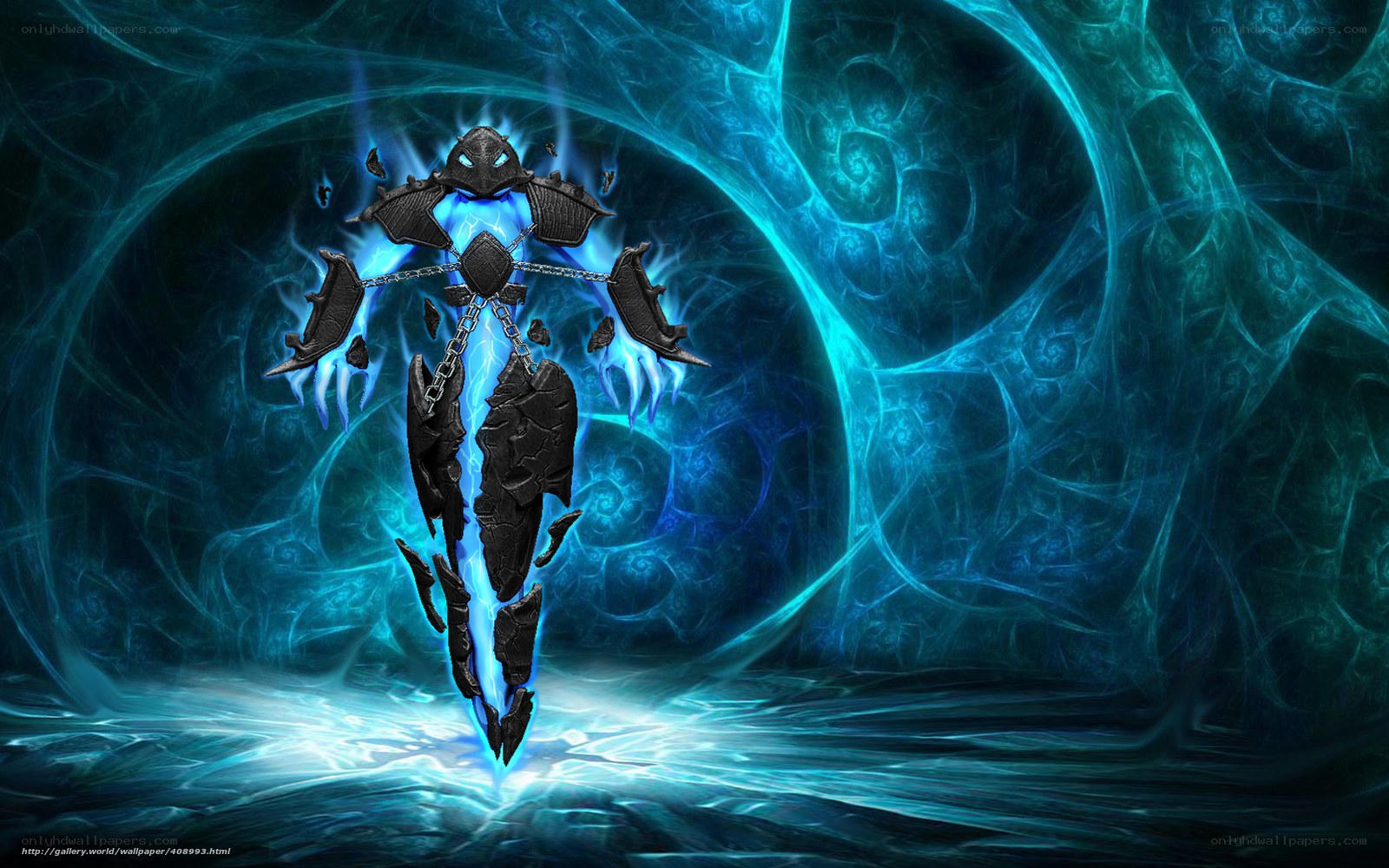 dark armored figure with blue energy