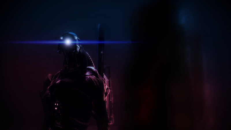 dark armored figure with glowing eyes