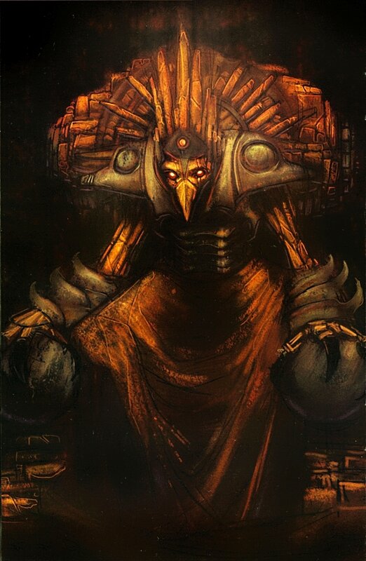 dark armored figure with glowing eyes