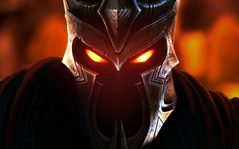 dark armored figure with glowing eyes