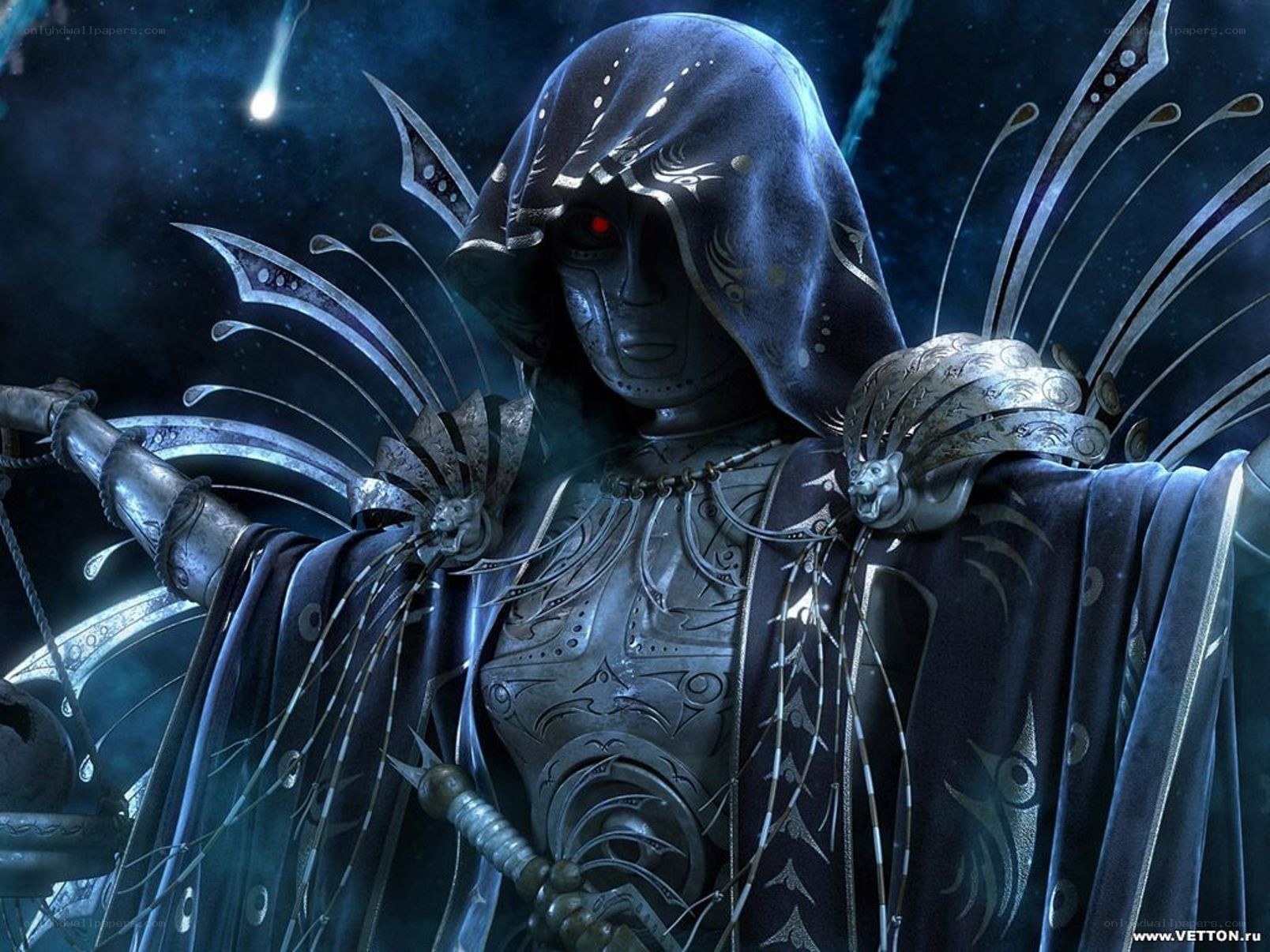 dark armored figure with red eye