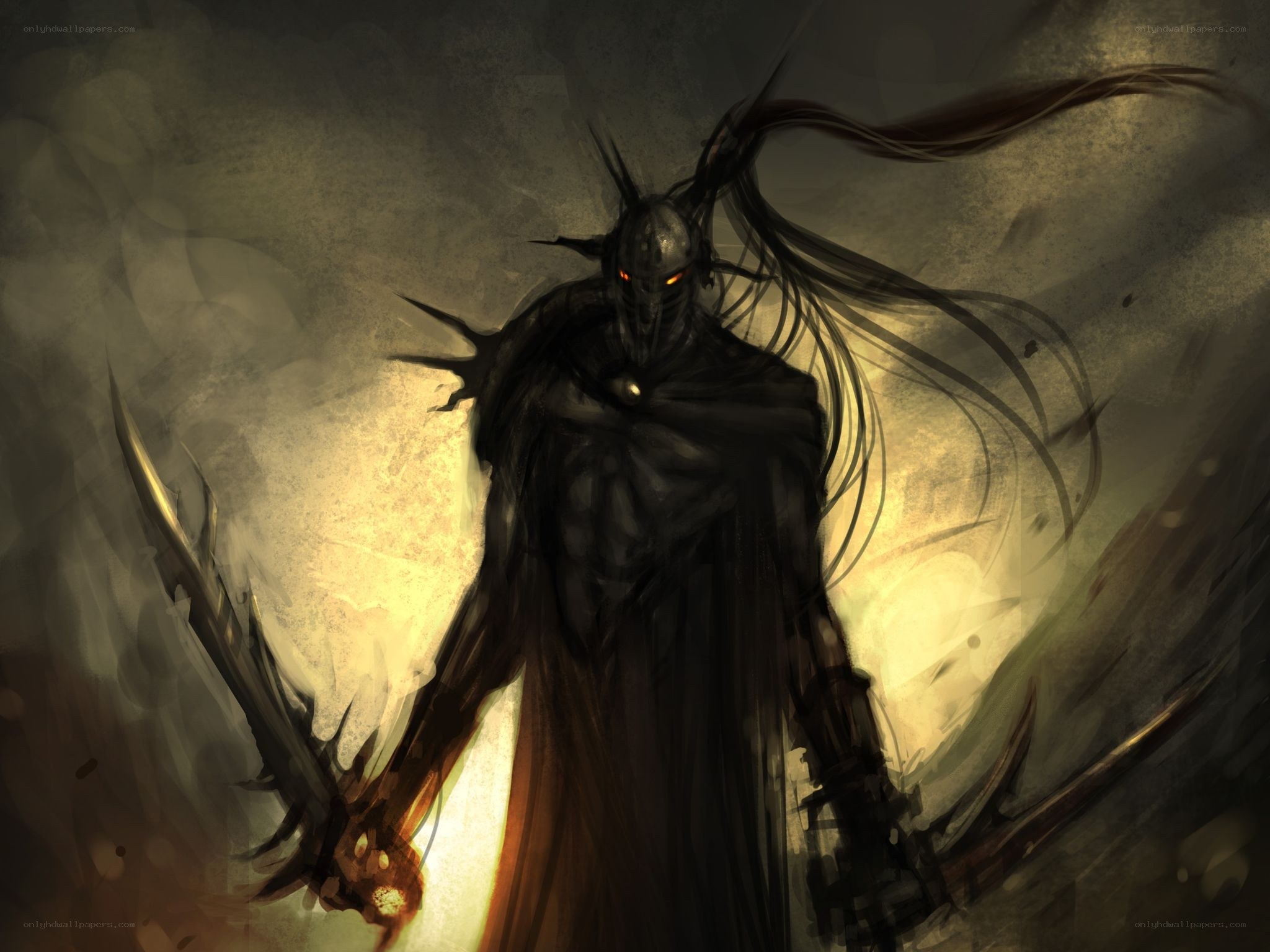 dark armored warrior with glowing eyes