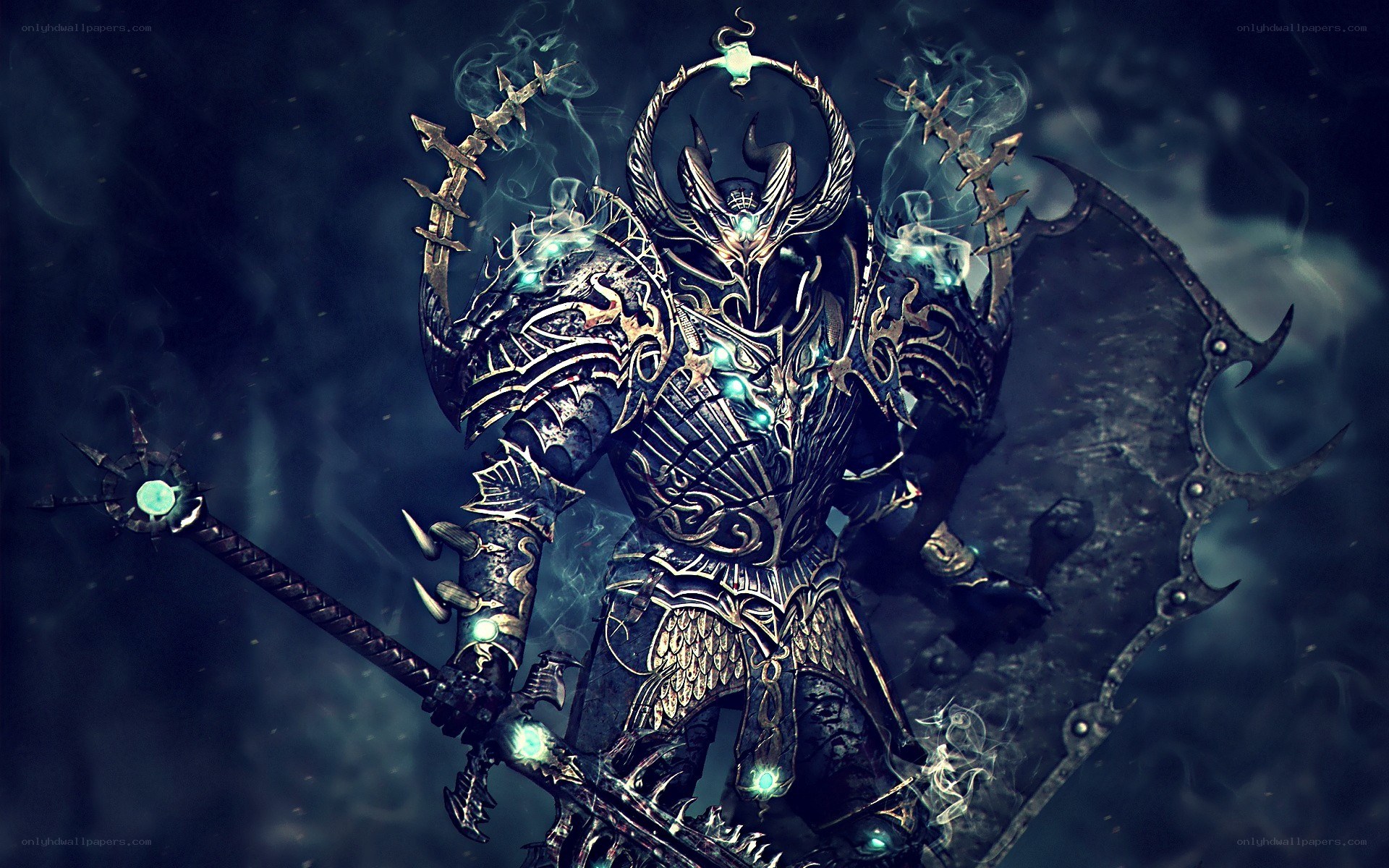 dark armored warrior with glowing runes