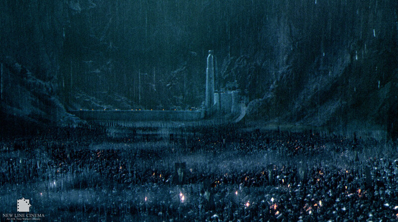 dark army in rainy landscape