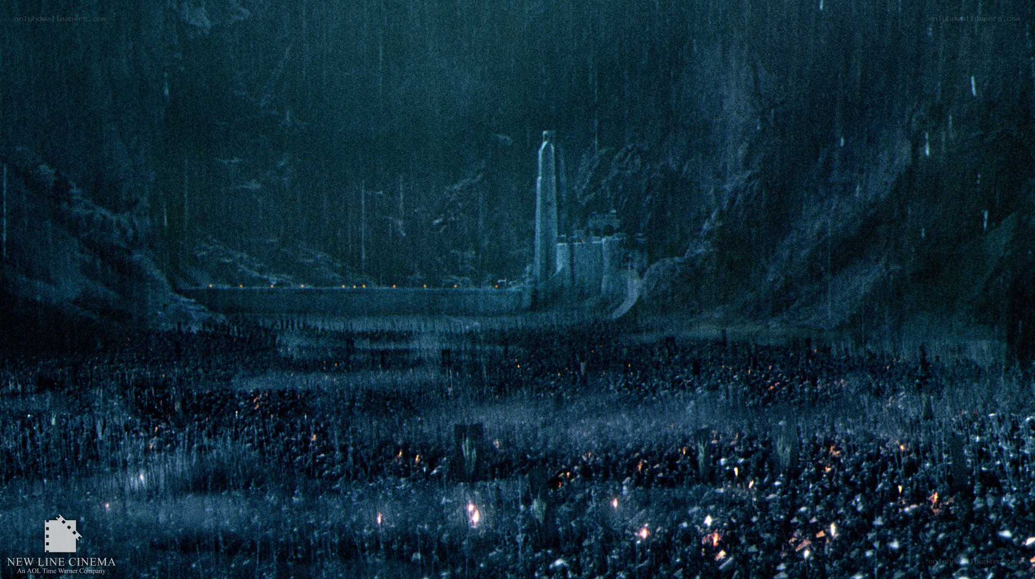 dark army in rainy landscape