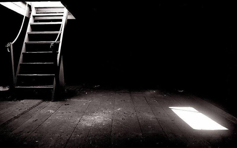 Dark attic with ladder and light