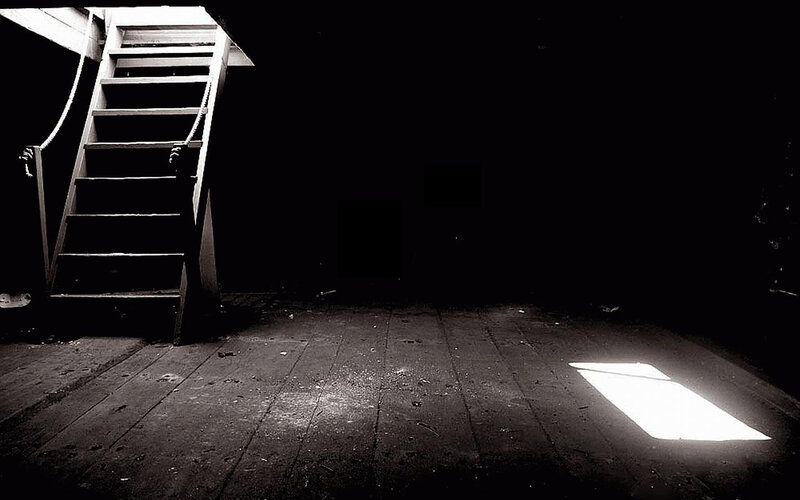 Dark attic with ladder and light