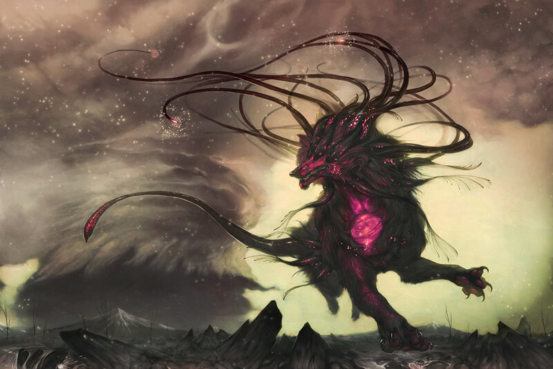 Dark beast in stormy landscape