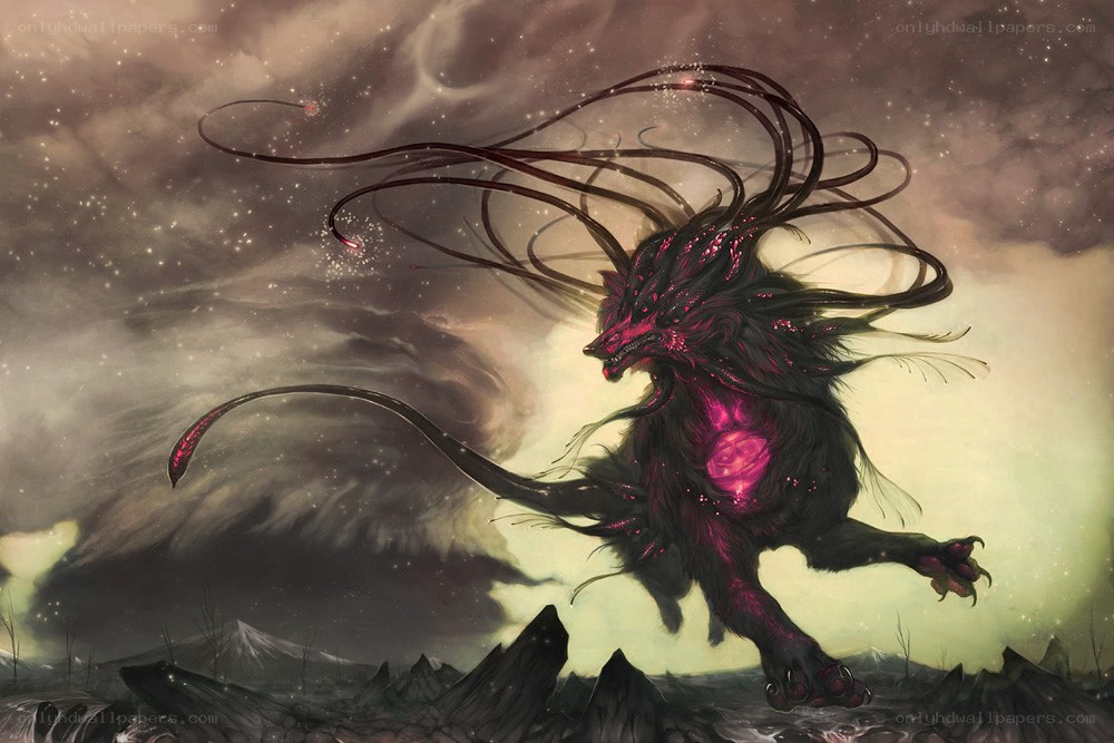 Dark beast in stormy landscape