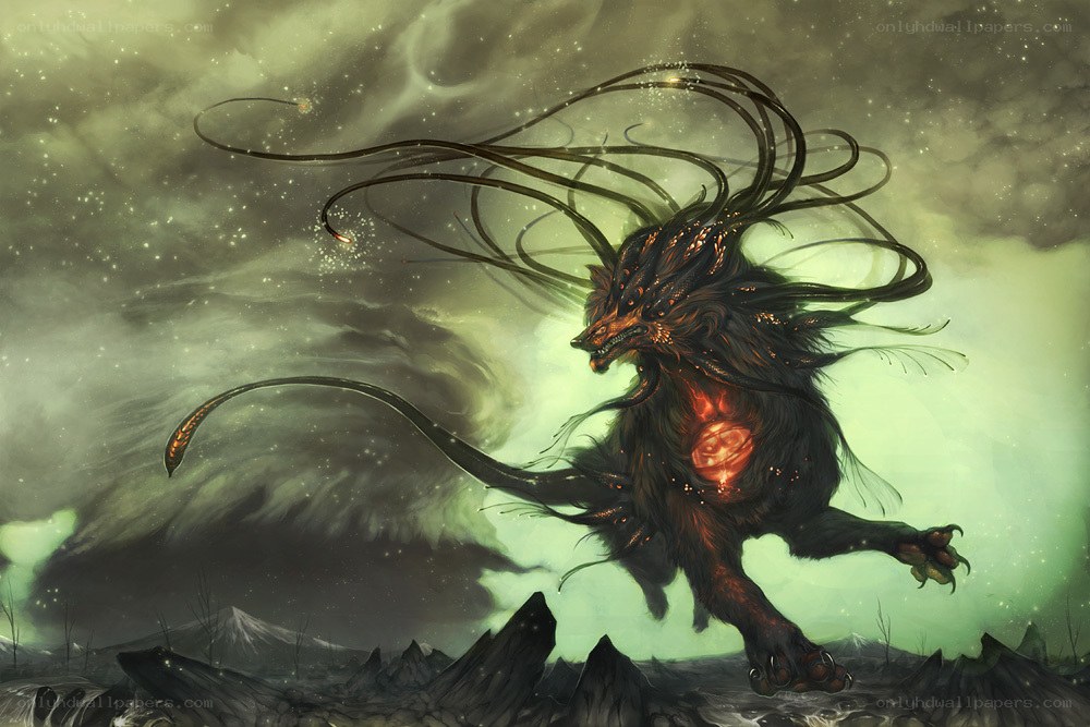 Dark beast in stormy landscape
