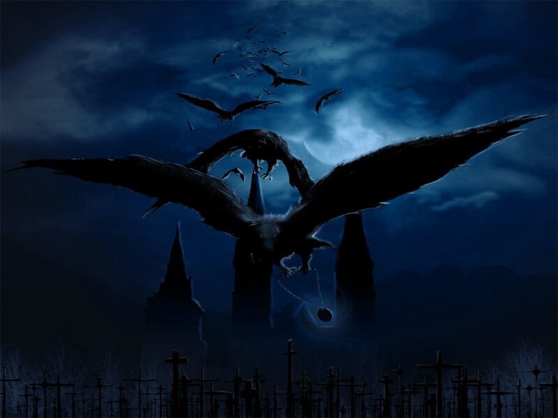 Dark bird over a graveyard