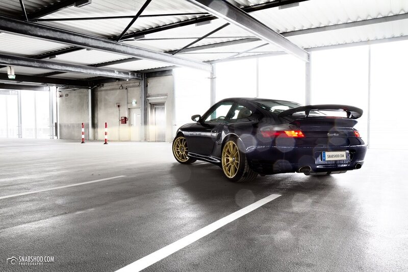 Dark blue Porsche in garage