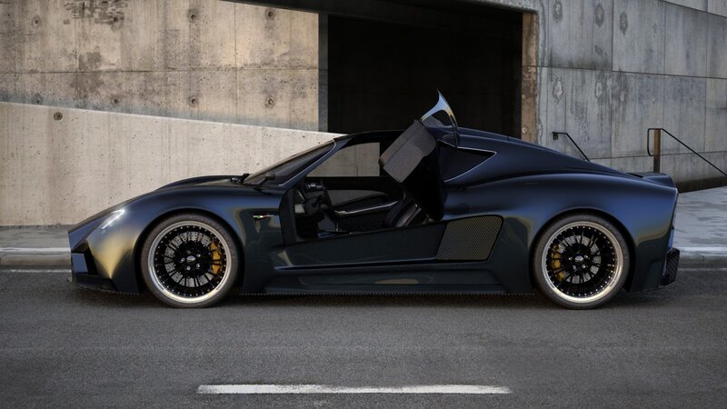 dark blue sports car with open door