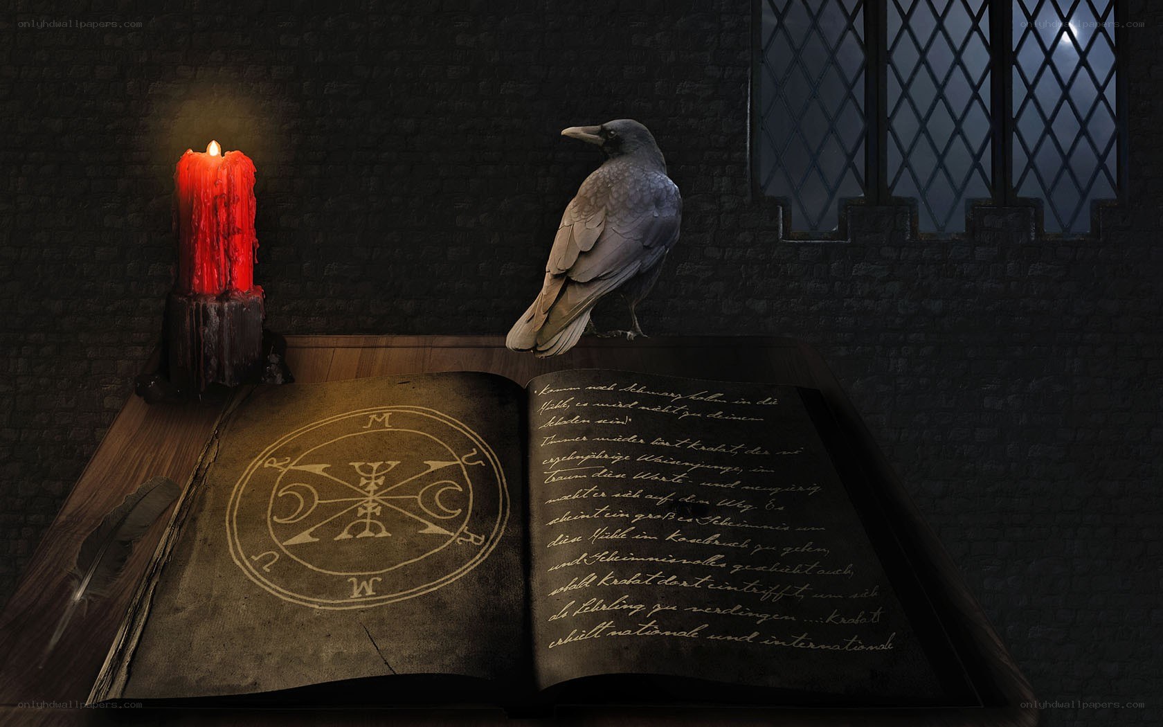 Dark book with crow and candle