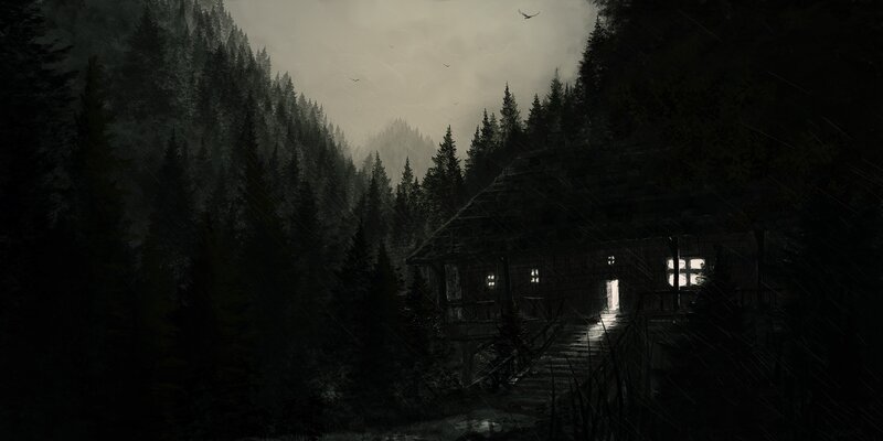Dark cabin in a forest