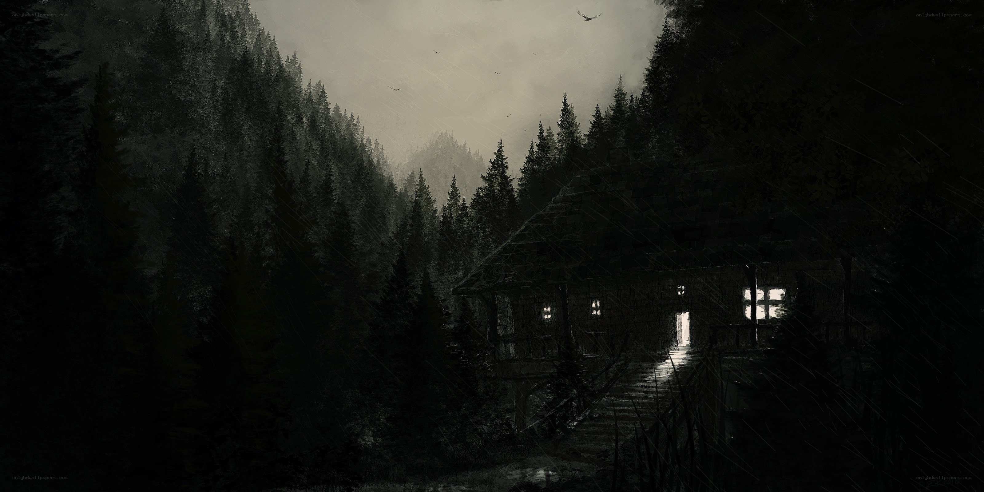 Dark cabin in a forest