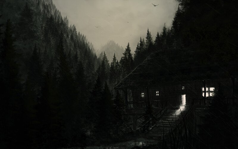 Dark cabin in a misty forest