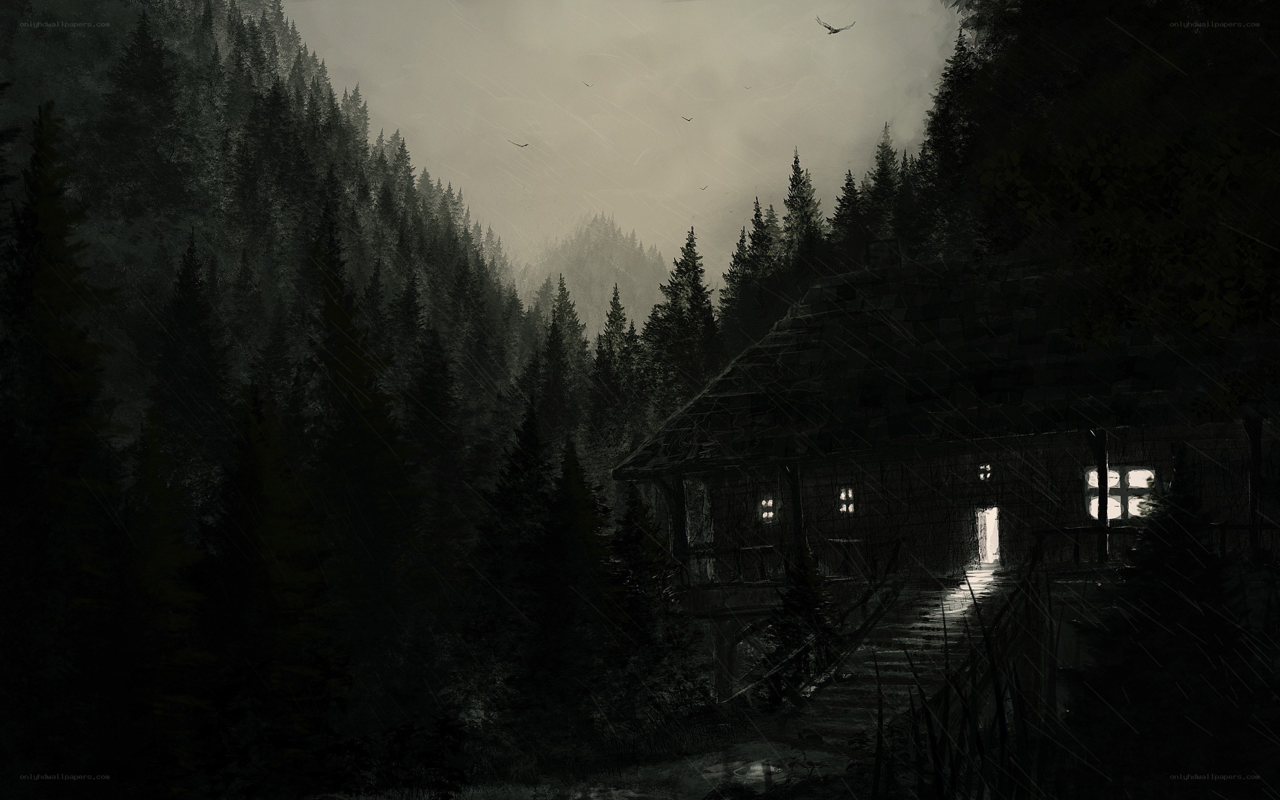 Dark cabin in a misty forest