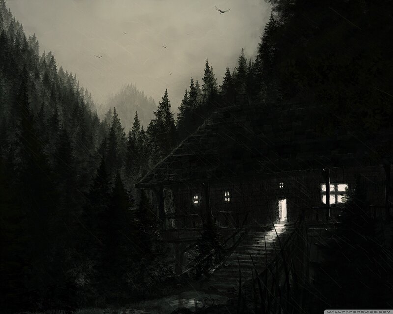 Dark cabin in a stormy forest