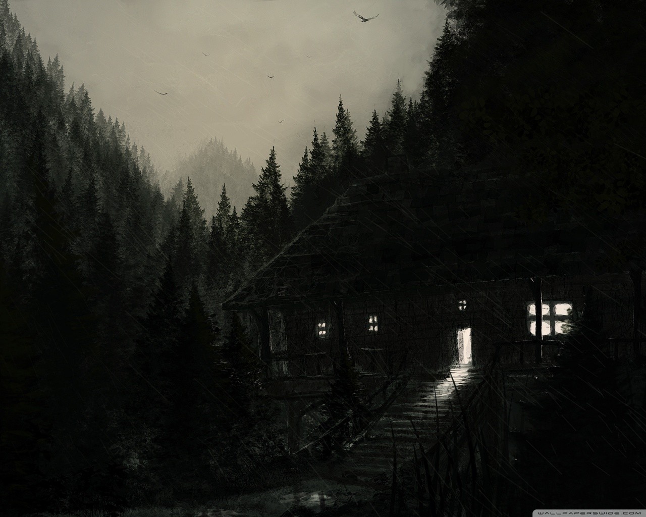 Dark cabin in a stormy forest
