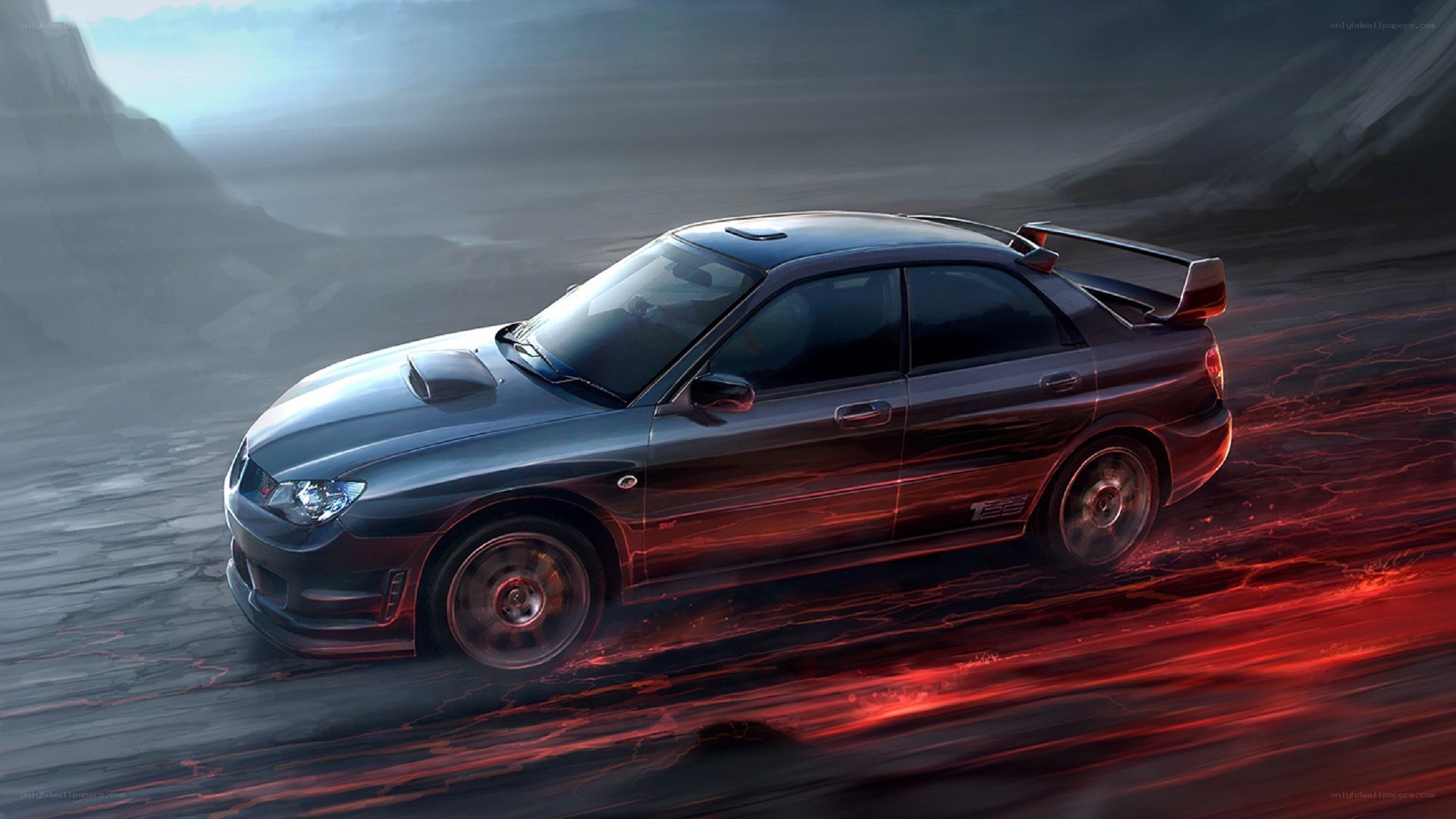 dark car on red-lit road