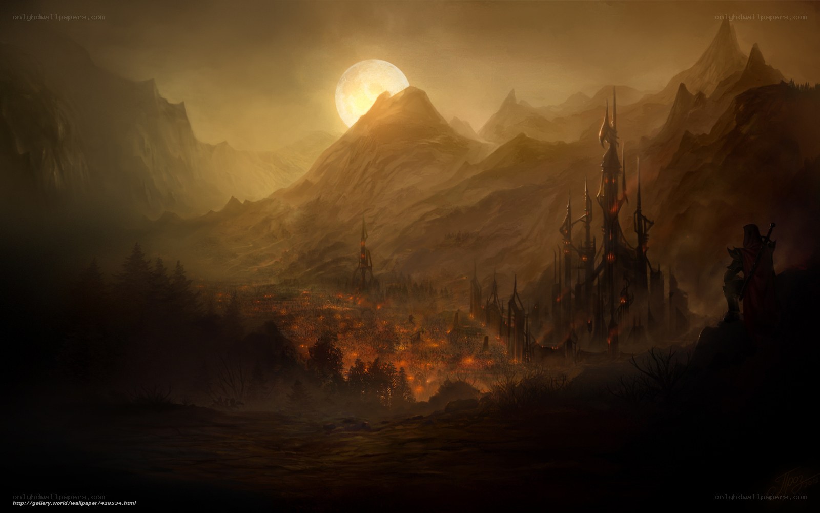 Dark castle at sunset