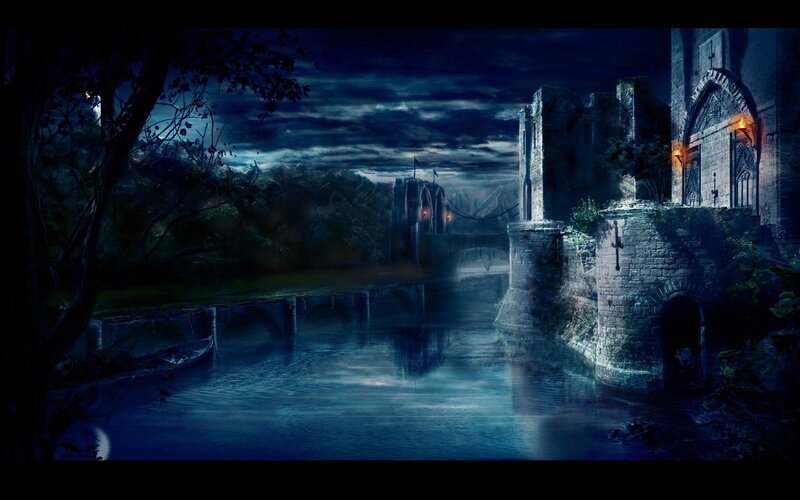 Dark castle by a river at night