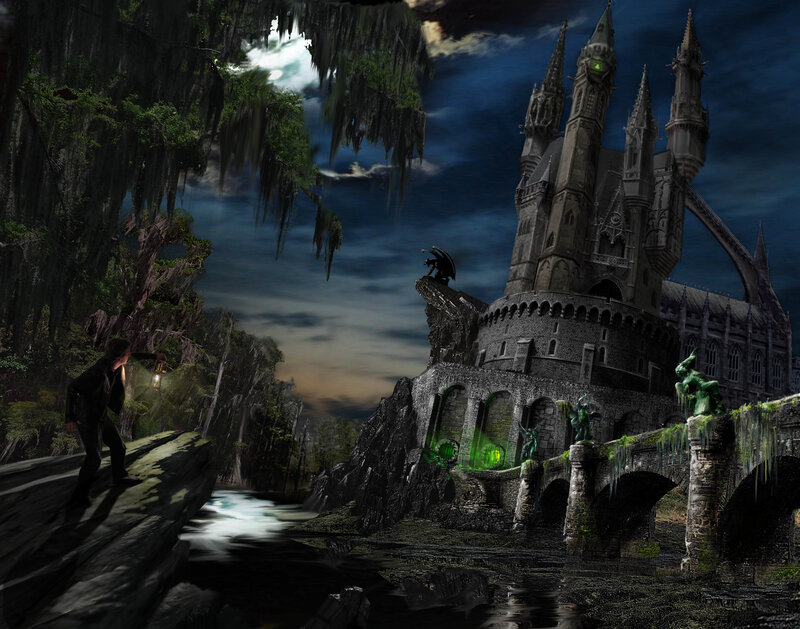 Dark castle by the river