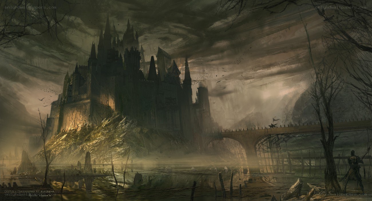 Dark castle in a gloomy landscape