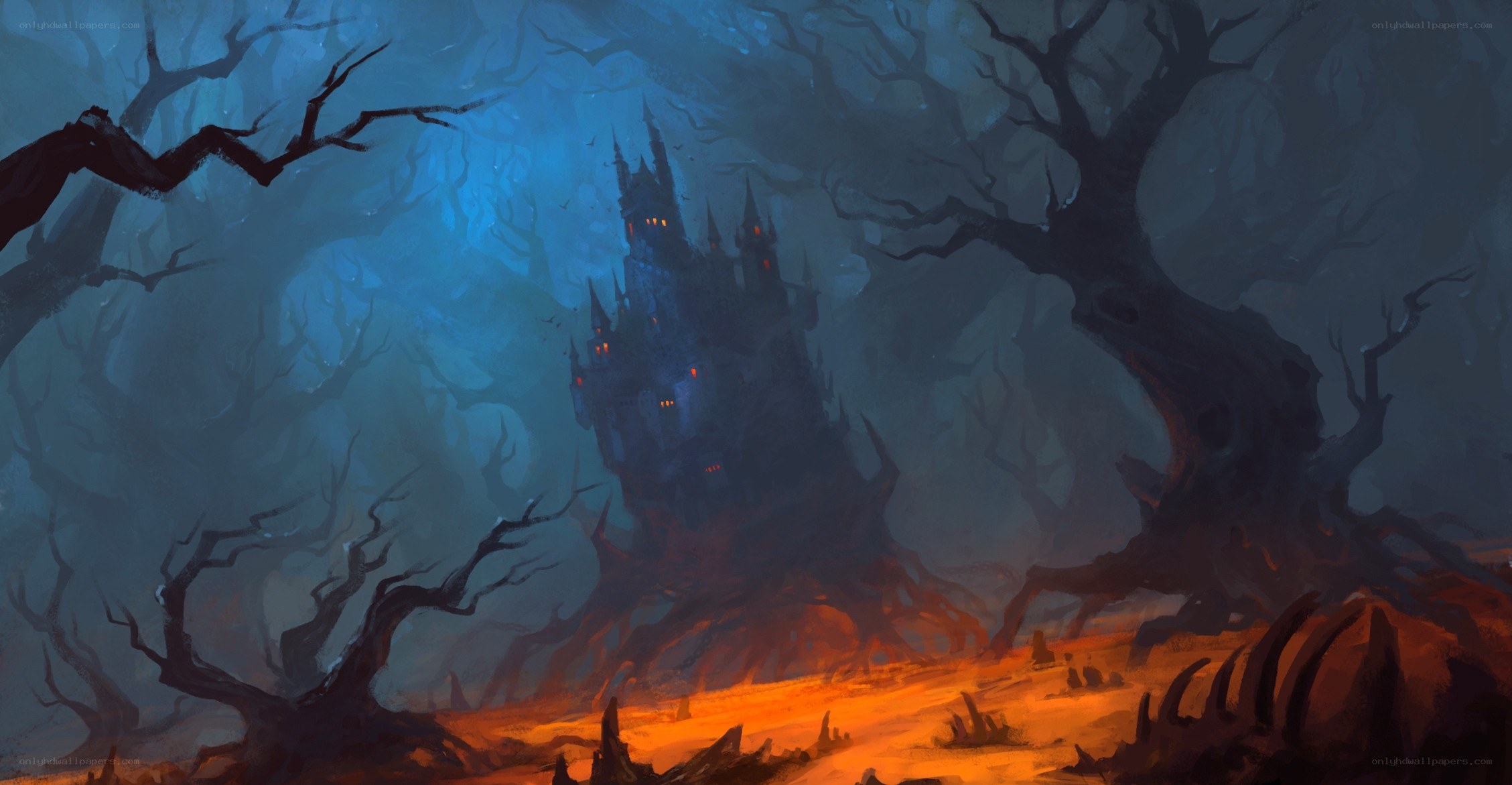 Dark castle in a haunted forest